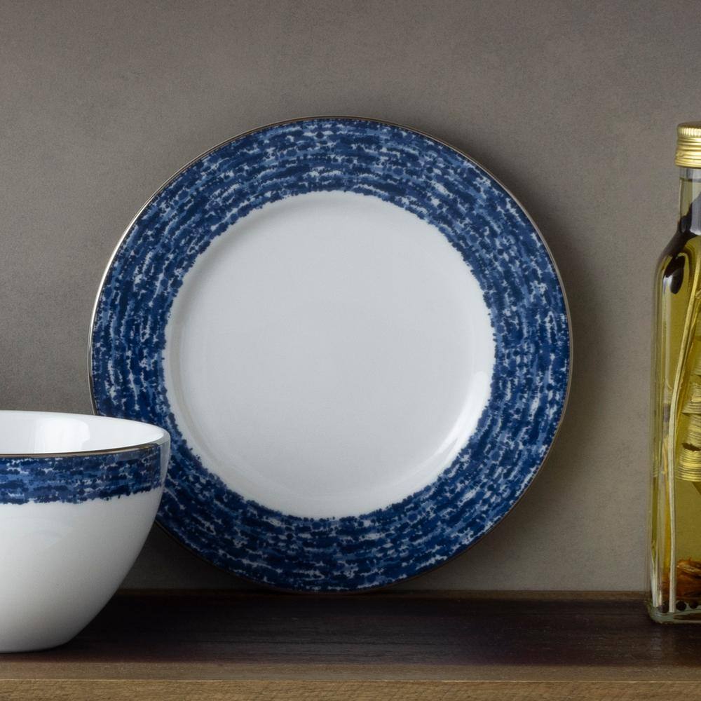 Blue and White Porcelain Salad Plates with Metallic Band, Set of 4