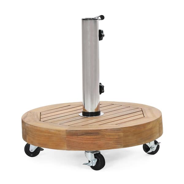 Round Concrete Patio Umbrella Base with Steel Umbrella Holder for 1.57/1.77 Umbrella Poles with Wheels in Teak
