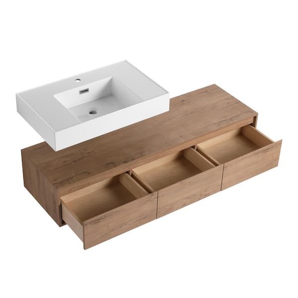60 in. Wall-Mounted Single Oak Bath Vanity with White Resin Top Assembled
