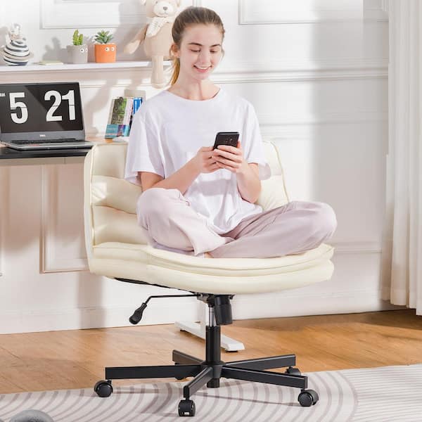 Criss Cross Chair with Wheels PU leather Armless Cross Legged Office Desk Chair Height Adjustable Vanity Chair, Beige