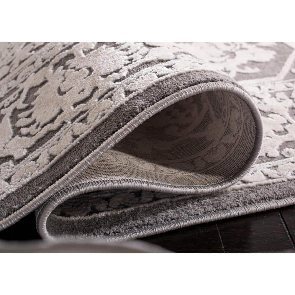 Elegant Gray and Cream Floral Synthetic Runner Rug, 27"x6"