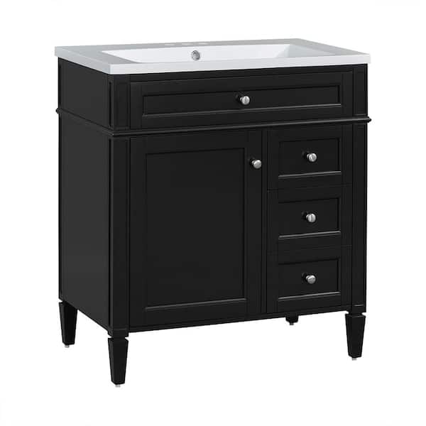 30 in. W Bathroom Vanity in Black with White Top Sink with 2 Drawers and a Tip-out Drawer,Resin Top Material