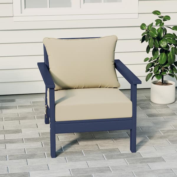 Birchwood Outdoor Patio Deep Seating HDPE Plastic Lounge Chair in Navy Blue with Beige Cushions