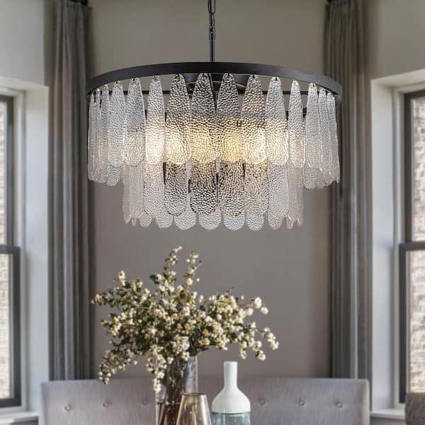ALOA DECOR 24 in. 6-Light Vintage Textured Glass Round Chandelier in Matte Black Rustic Art Glass Hanging-Light