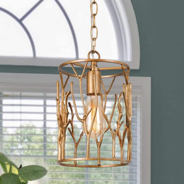 Brushed Vintage Gold Drum Pendant 1-Light Cylinder Bedside Hanging Light Decorative Chandelier for Dining Room Entryway