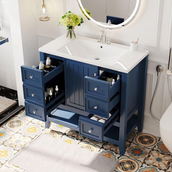 Unbranded 36.02 in. W Single Sink Freestanding Bath Vanity in Blue with White Ceramic Top and Drawers