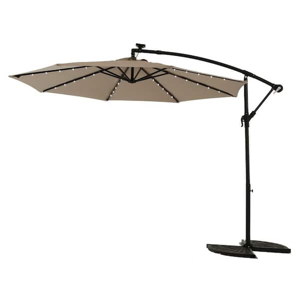 Unbranded Cantilever Umbrella, 10 ft. Powder Coated Steel Cantilever Solar LED Offset Hanging Patio Umbrella in Khaki