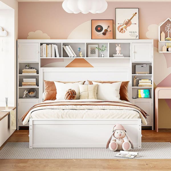 Polibi White Wood Frame Queen Size Platform Bed with All-in-One Cabinet,Shelf and Sockets