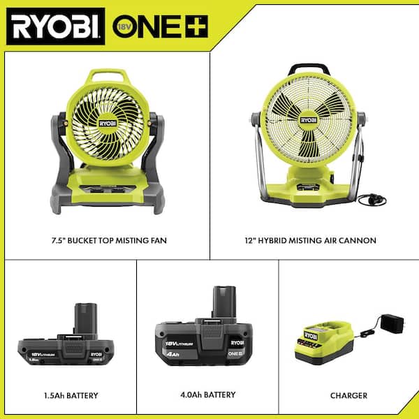 antydning Megalopolis diameter RYOBI ONE+ 18V Cordless Hybrid WHISPER SERIES Misting Air Cannon Fan and  Bucket Top Misting Fan Kit w/ Batteries & Chargers PCL851K-PCL850K1 - The  Home Depot