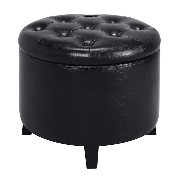 Convenience Concepts Designs4Comfort Black Faux Leather Round Storage Ottoman