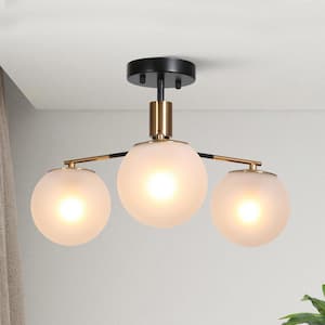 Modern 19 in. 3-Light Black and Brass Semi-Flush Mount with Frosted Globe Glass Shades