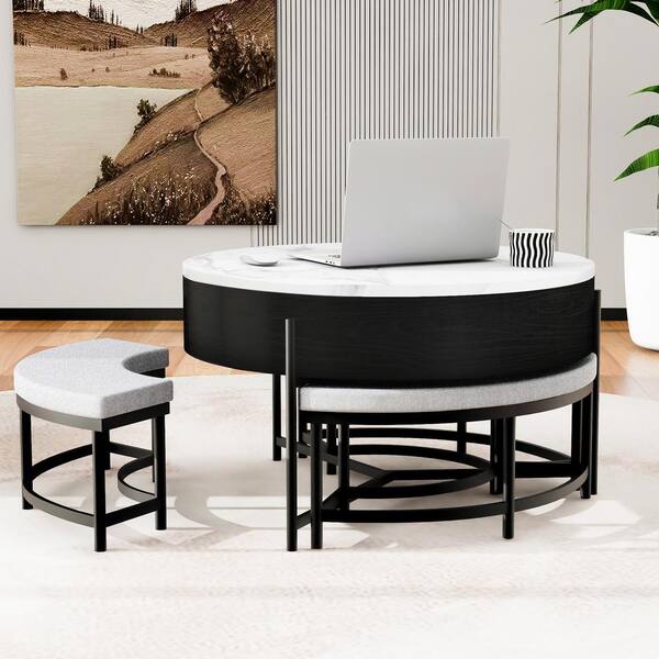 Round lift top coffee store table with ottomans