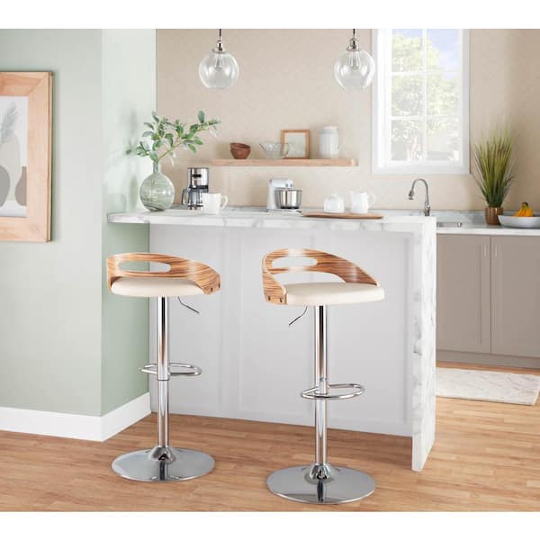 Lumisource Cassis 32.75 in. Cream Faux Leather, Chrome Metal and Zebra Wood Adjustable Barstool (Set of 3)
