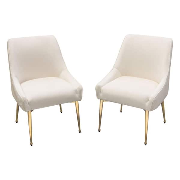 Benjara White and Gold Velvet Sloped Arms Dining Chair (Set of 2)