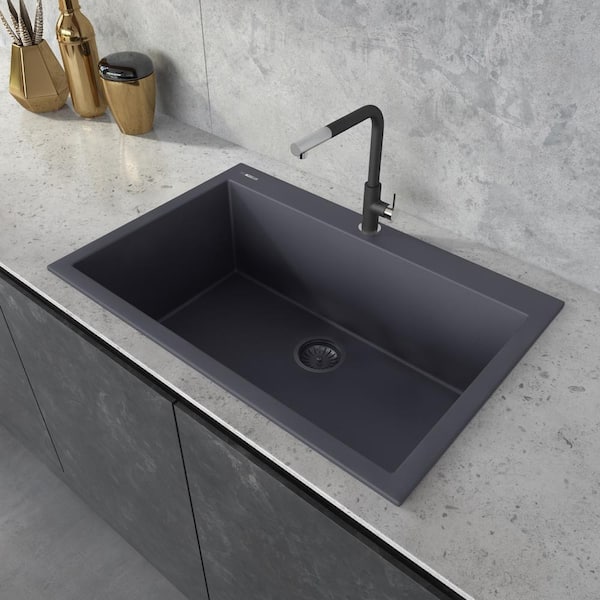 EpiGranite 33 in. Drop-in Single Bowl Workstation-Ready Kitchen Sink in Urban Gray Granite Quartz Composite