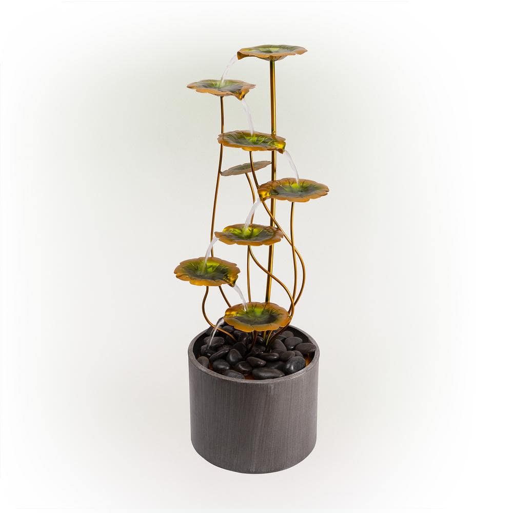 31 in. Tall Indoor/Outdoor Multi-Tiered Lily Pads Metal Fountain with Stone