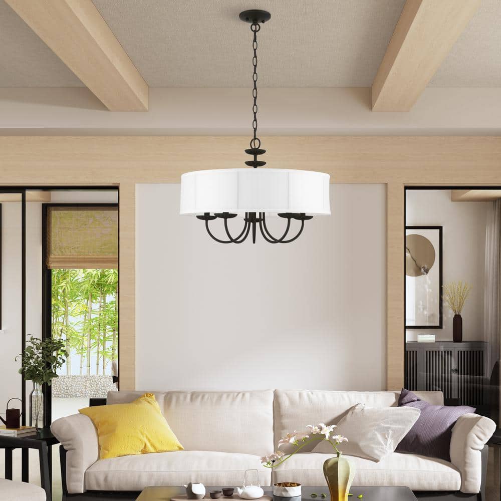 Brookdale Black Steel 5-Light Drum Pendant with Off-White Shade