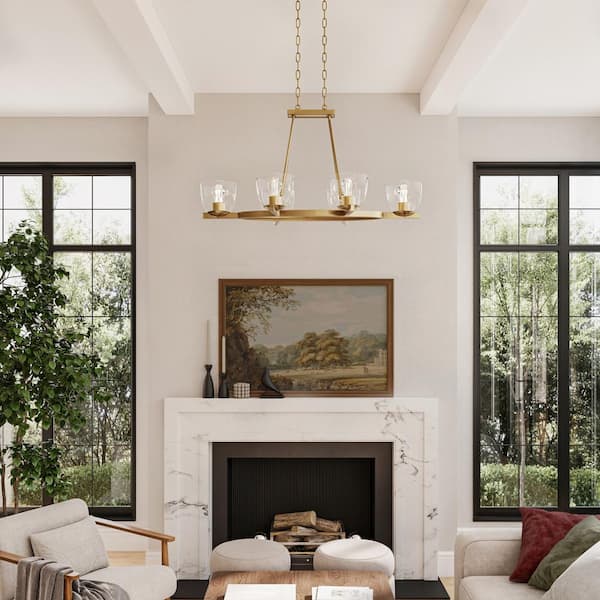 Tamassee Collection 6-Light Brushed Gold Updated Traditional Linear Chandelier with Clear Glass Shades for Dining Room