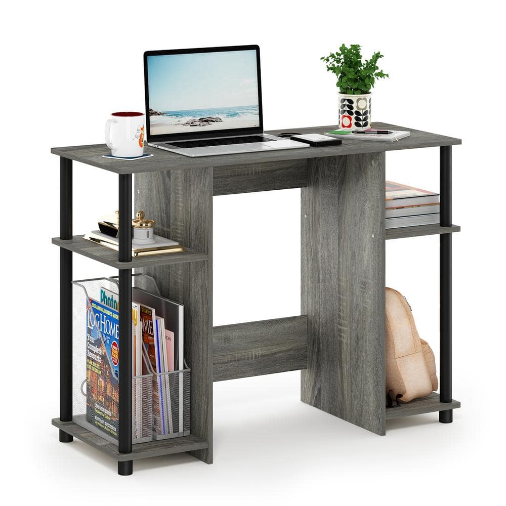 Compact French Oak Gray and Black Computer Desk with Shelves