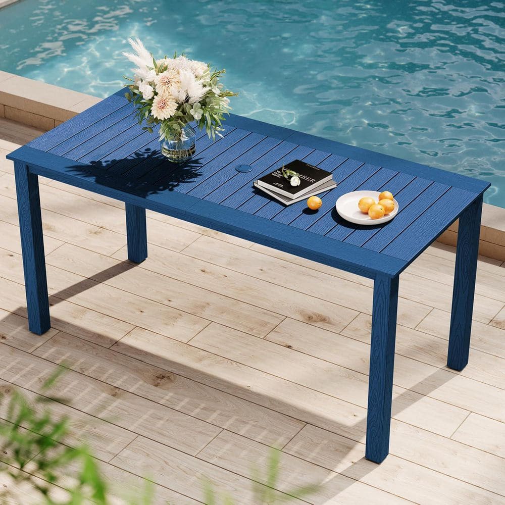 67 in. Navy Plastic Outdoor Patio Dining Table for 4-6 Persons with Umbrella Hole