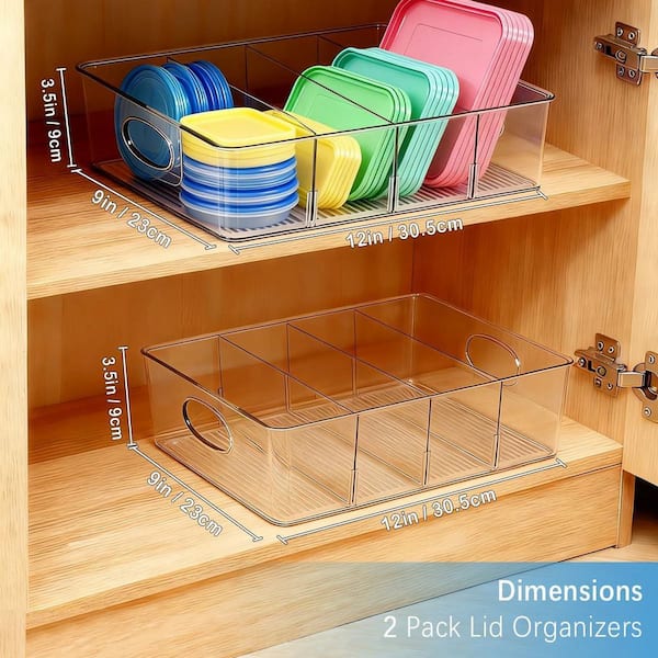 Clear Plastic Lid Organizer Drawer Organizer with Adjustable Dividers for Kitchen Cabinet Food Storage, 2 Pack