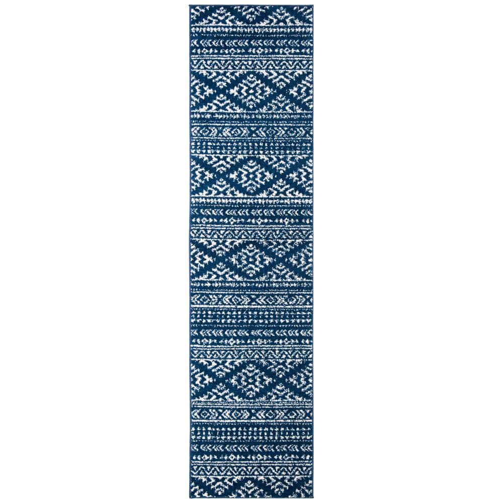 Ivory and Navy Geometric Hand-knotted Runner Rug