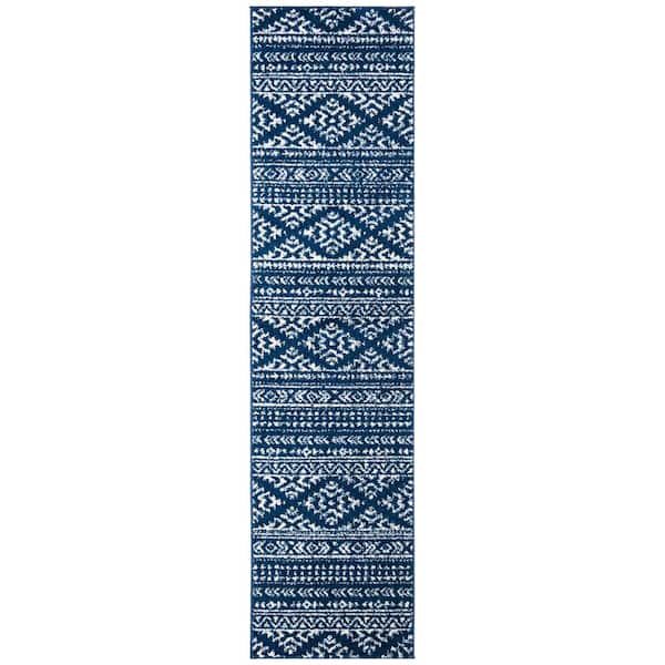 SAFAVIEH Tulum Navy/Ivory 2 ft. x 11 ft. Striped Tribal Geometric Runner Rug