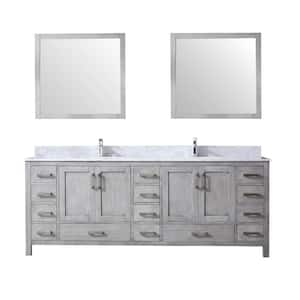 Jacques 84 in. W x 22 in. D Distressed Grey Double Bath Vanity, Carrara Marble Top, Faucet Set, and 34 in. Mirrors