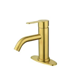 Waterfall Spout Single Handle Single Hole Bathroom Faucet with Deckplate Included and Pop-Up Drain in Brushed Gold