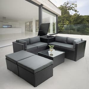 Black 6-Piece Wicker Outdoor Patio Conversation Seating Set with Gray Cushions