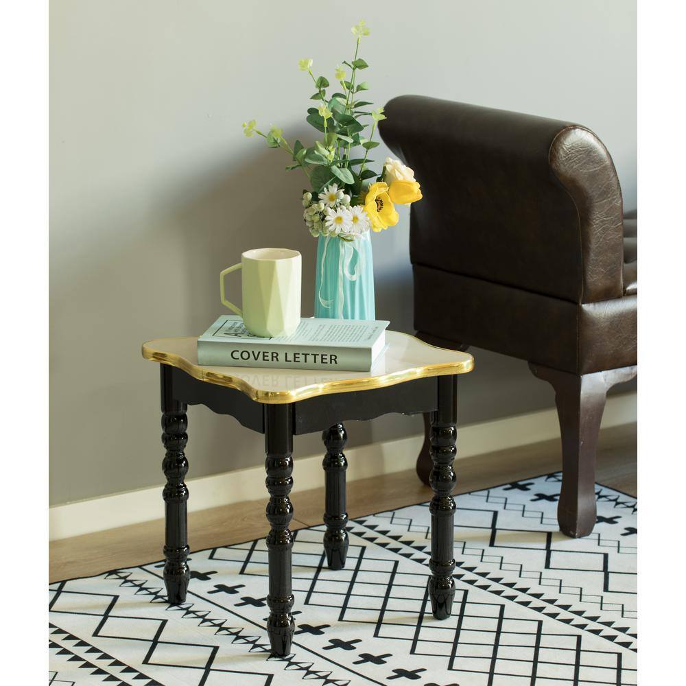 Espresso Square Wooden and Marble Accent Table with Gold Trim