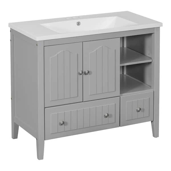 Logmey 36 in. W x 18 in. D x 32 in. H Bath Vanity in Grey with Ceramic White Top and and Soft Close Drawer