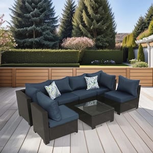 7-Piece Wicker Outdoor Rattan Sectional Sofa Set with Table and Dark Blue Cushions for Backyard