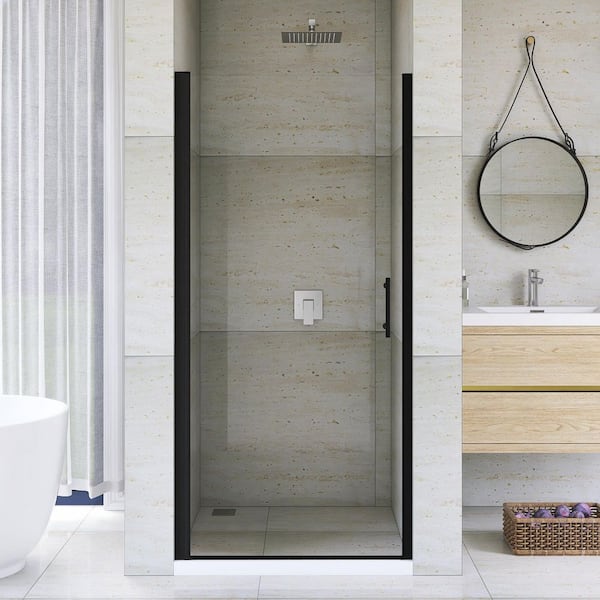 34 in. W x 72 in. H Pivot Semi-Frameless Shower Door in Matte Black Finish with Tempered Glass