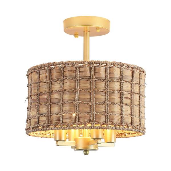 LWYTJO 11.81 in. 4-Light Gold Bohemian Drum Semi-Flush Mount Light with Hand Woven Shade