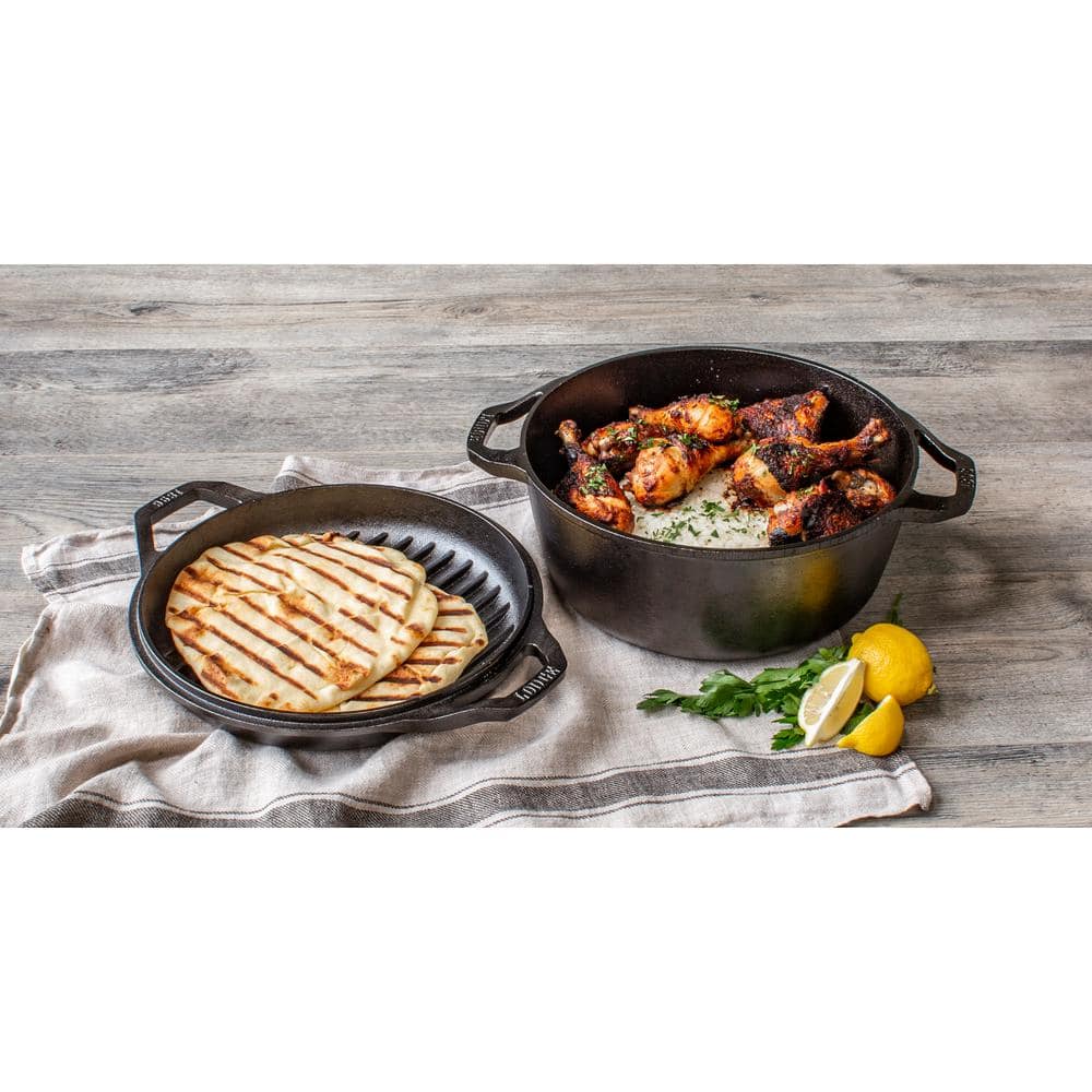Black Cast Iron Non-stick Double Dutch Oven with Grill Pan Lid
