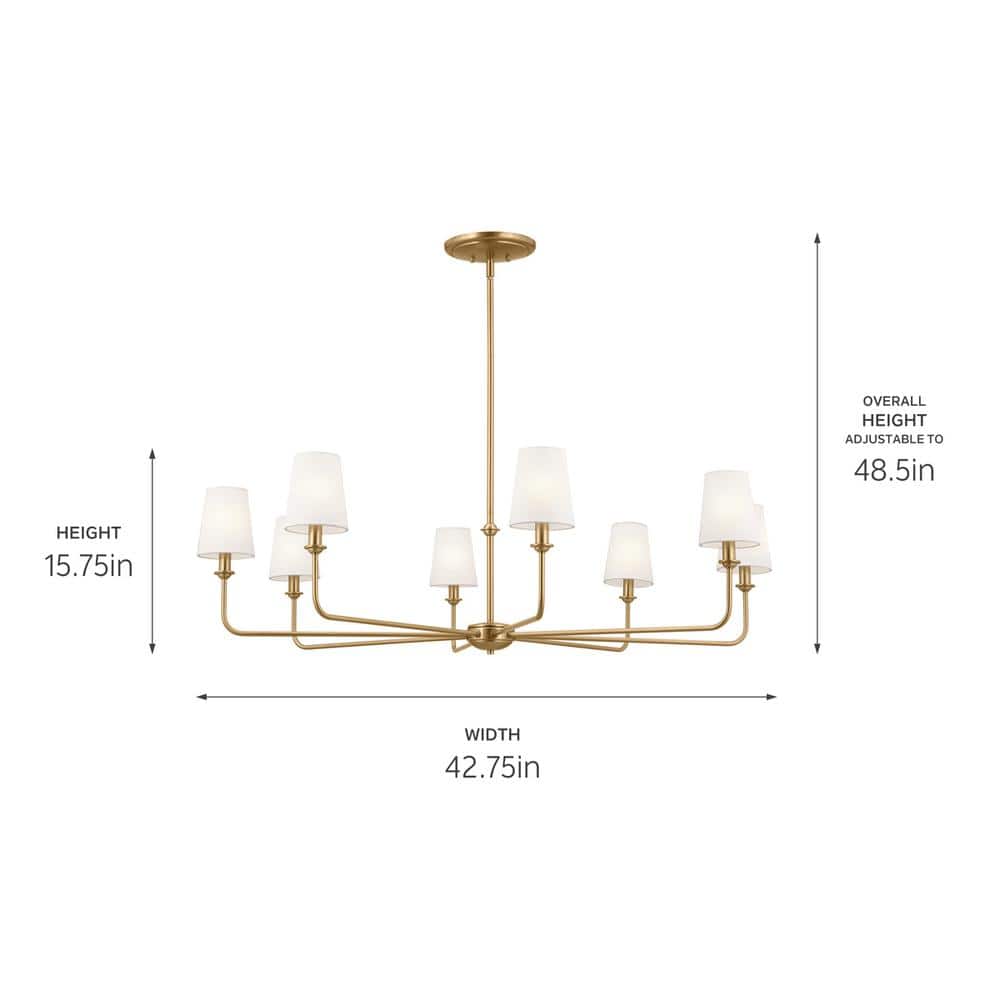 Brushed Natural Brass 8-Light Chandelier with White Linen Shades