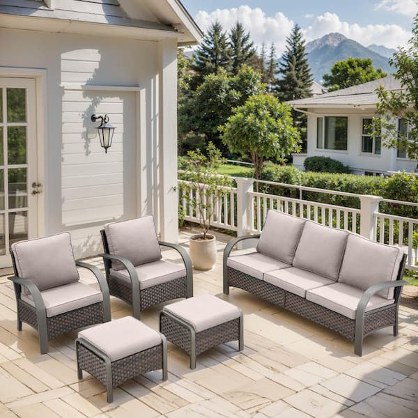 5-Piece Brown Wicker Patio Conversation Set with Beige Olefin Cushions and Lounge Chairs/Ottomans/Couch