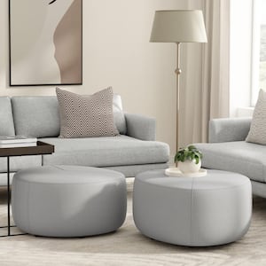 Moore 32 in. Wide Contemporary Irregular Large Ottoman in Light Grey Linen Look Fabric, Fully Assembled