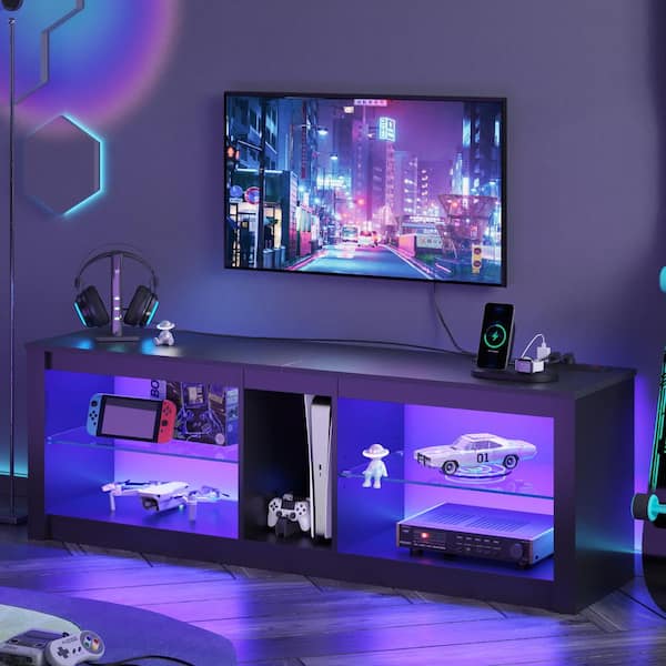 Bestier 55 in. Black Carbon Fiber TV Stand with Power Outlets LED Entertainment Center with Glass Shelves