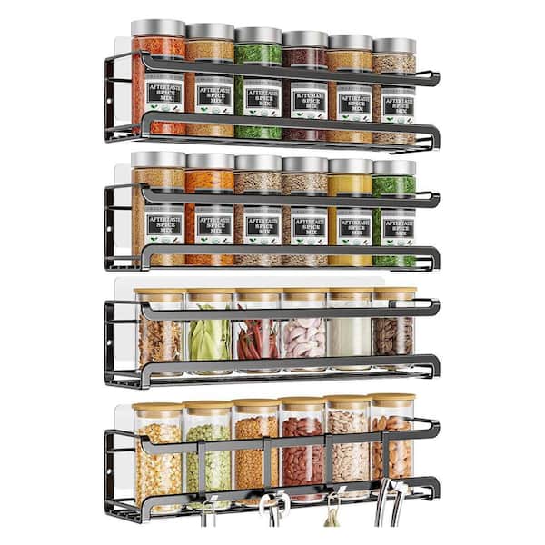 4 Shelves Black Wall Mounted Space-Saving Spice Organizer Rack for Kitchen Cabinet Pantry Door Seasoning Jars 4 Pack