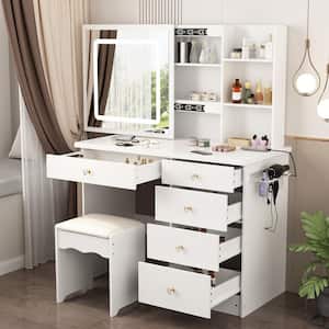 White Makeup Vanity Set Dressing Table with Sliding LED Lighted Mirror Power Strip and Hair Dryer Holder, Drawers, Stool