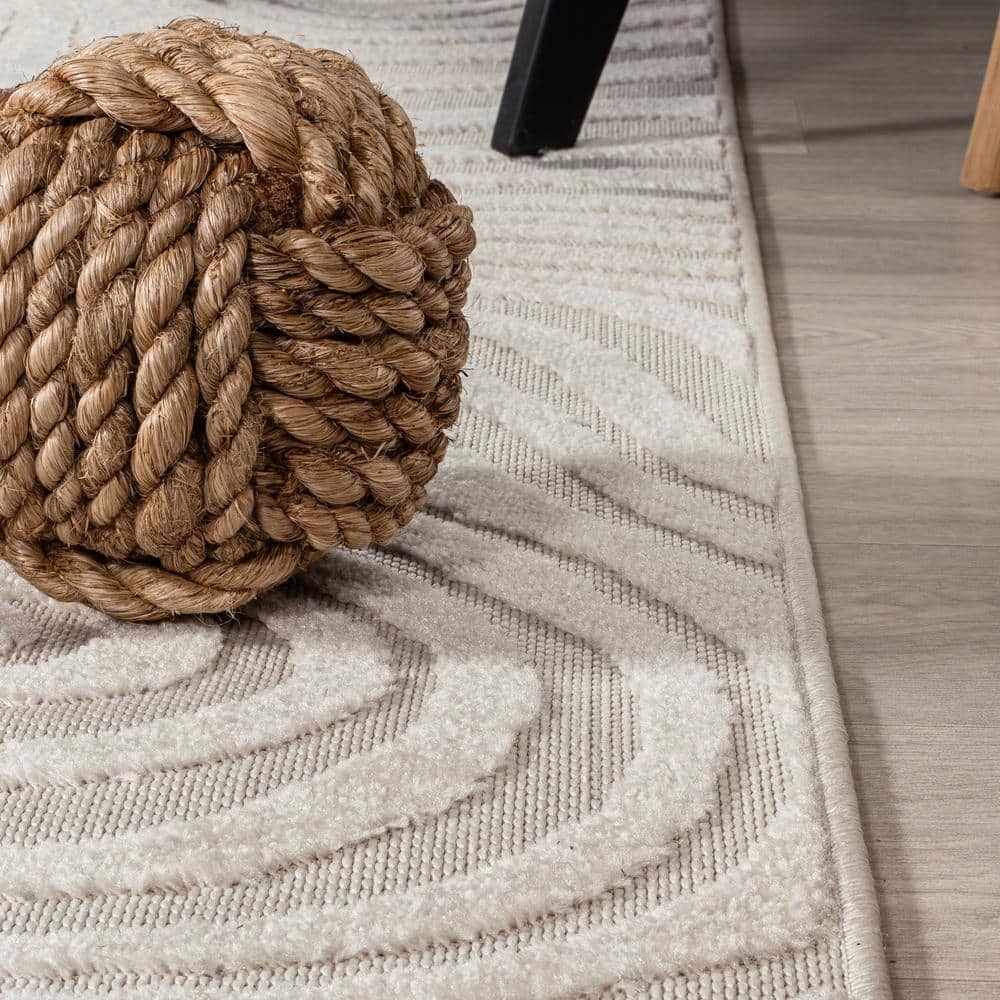 Ivory and Cream High-Low Striped 8' x 10' Synthetic Area Rug