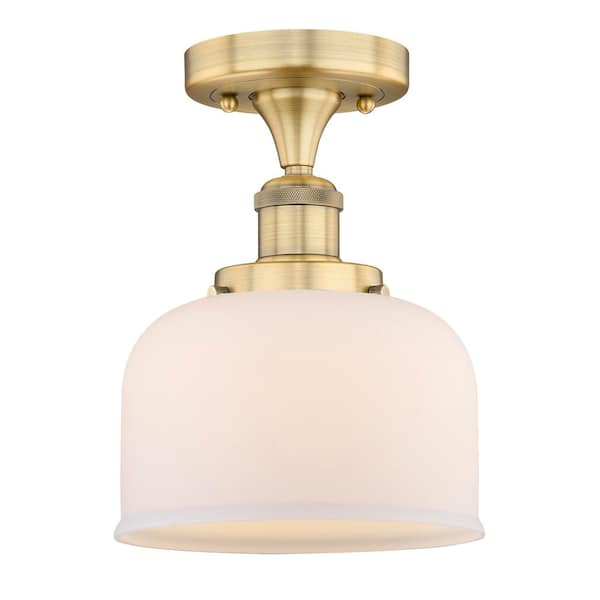 Bell 7.75 in. 1-Light Brushed Brass Art Nouveau Semi-Flush Mount with Frosted Glass Shade