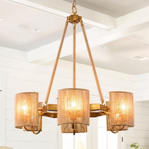 Farmhouse 6-Light Bohemian Antique Gold Wagon Wheel Chandelier with Hemp Rope Shade for Living Room