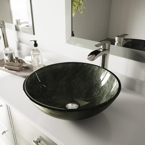 VIGO Glass Round Vessel Bathroom Sink in Onyx Gray with Niko Faucet and Pop-Up Drain in Brushed Nickel