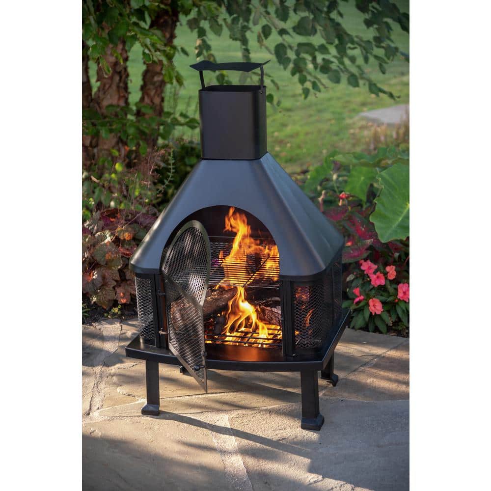 Black Steel Free-Standing Wood Burning Chimenea Fire Pit