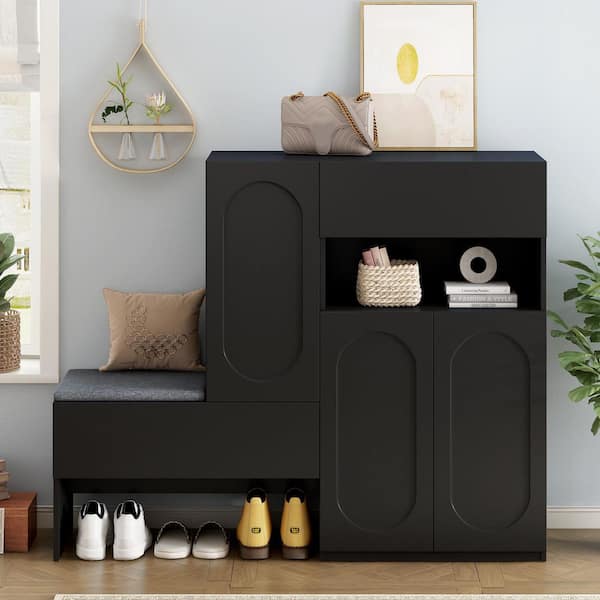 43.4 in. H x 51.1 in. W Black Shoe Storage Cabinet Soft Cushion and Adjustable Shelves