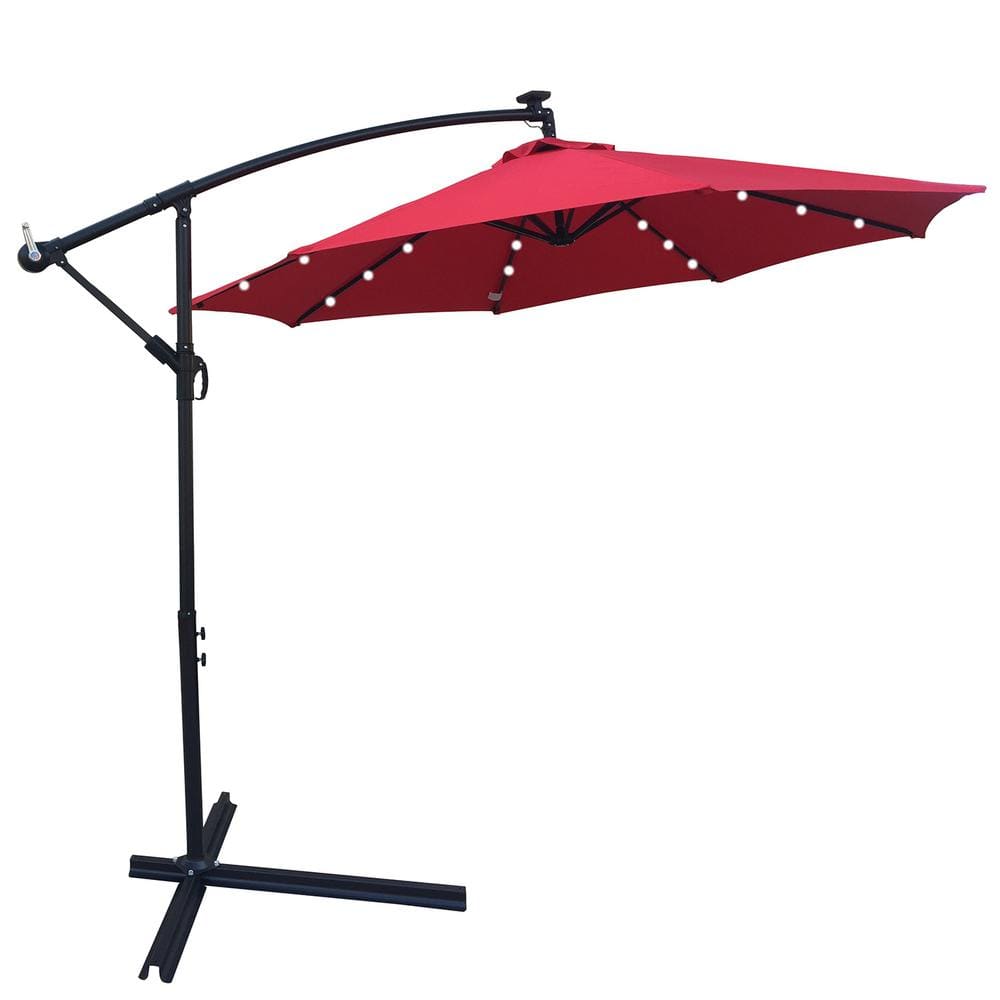 10 ft. Solar LED Steel Cantilever Outdoor Patio Umbrella in Red with Crank 