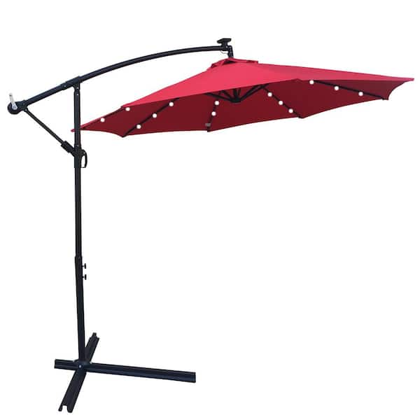 Unbranded 10 ft. Solar LED Steel Cantilever Outdoor Patio Umbrella in Red with Crank and Cross Base